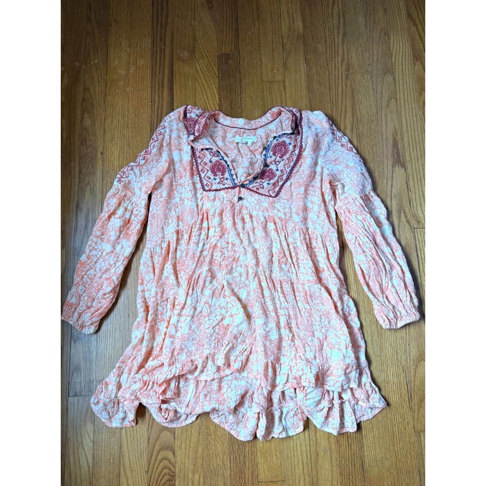 Anthropologie Embroidered Boho Tunic Top Medium Coral Ruffle Peasant Blouse